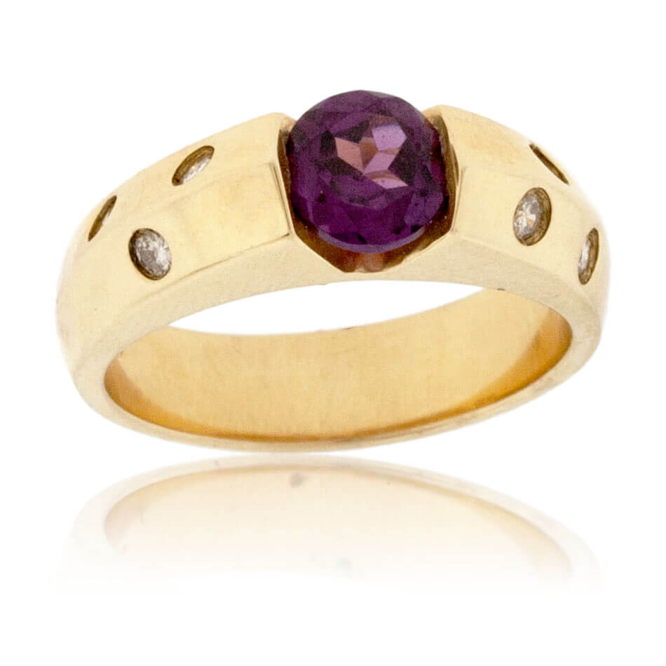 Round Rhodolite Garnet and Gypsy Set Diamond Ring - Park City Jewelers