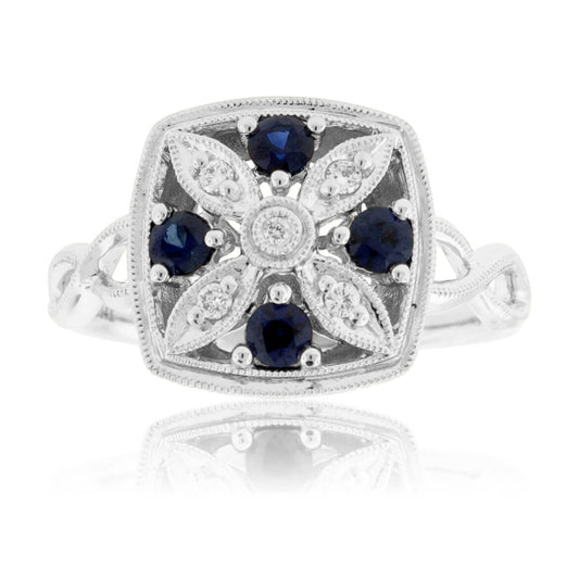Round Sapphire & Diamond Art Deco Style Ring - Park City Jewelers