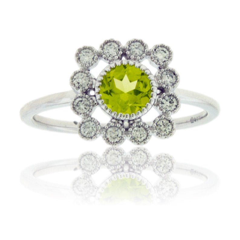Round Shaped Peridot and Diamond Bezel Style Halo Ring - Park City Jewelers
