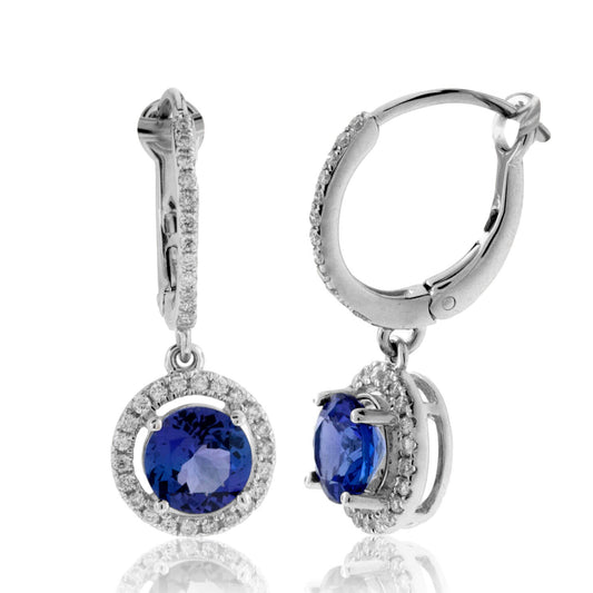 Round Tanzanite & Diamond Halo Dangle Earrings - Park City Jewelers