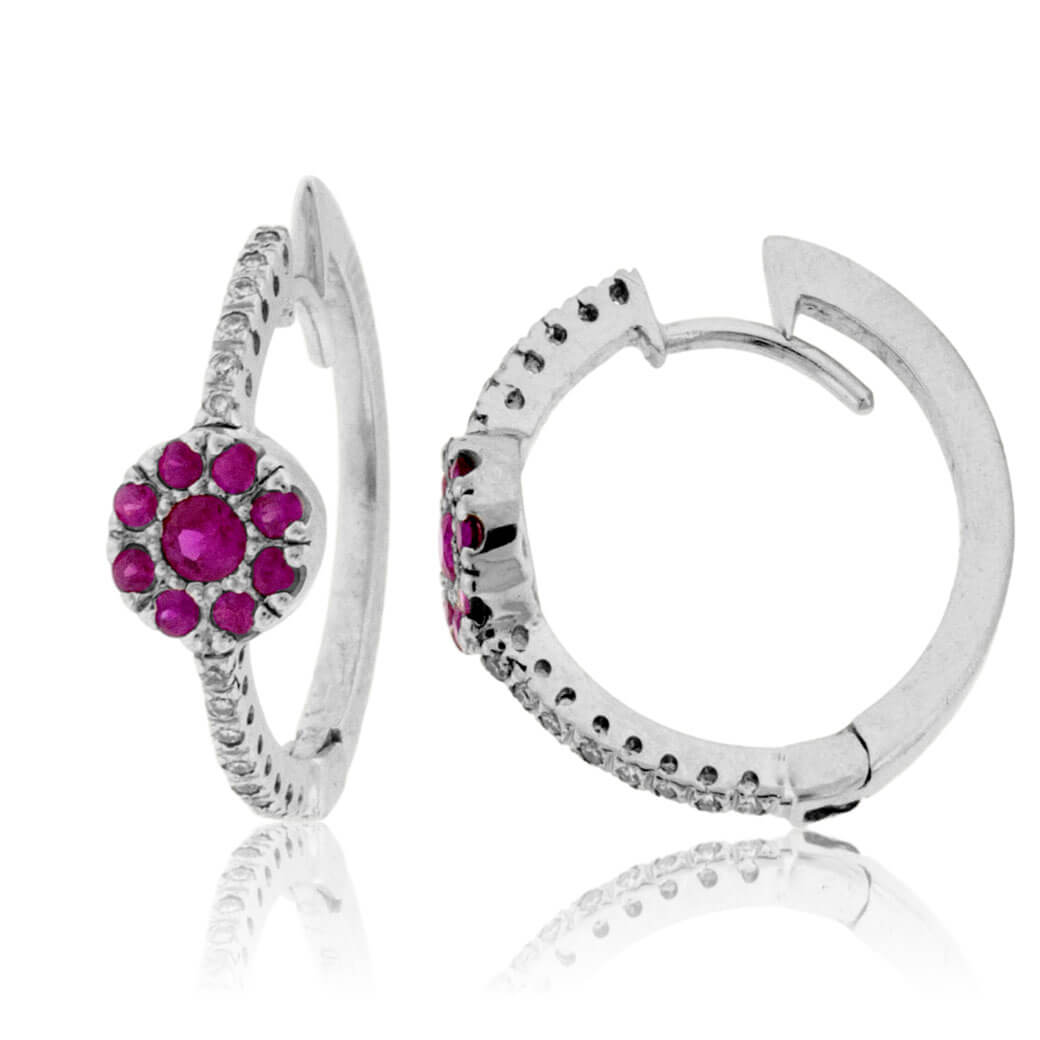 Ruby Center Cluster & Diamond Lined Hoop Earrings - Park City Jewelers