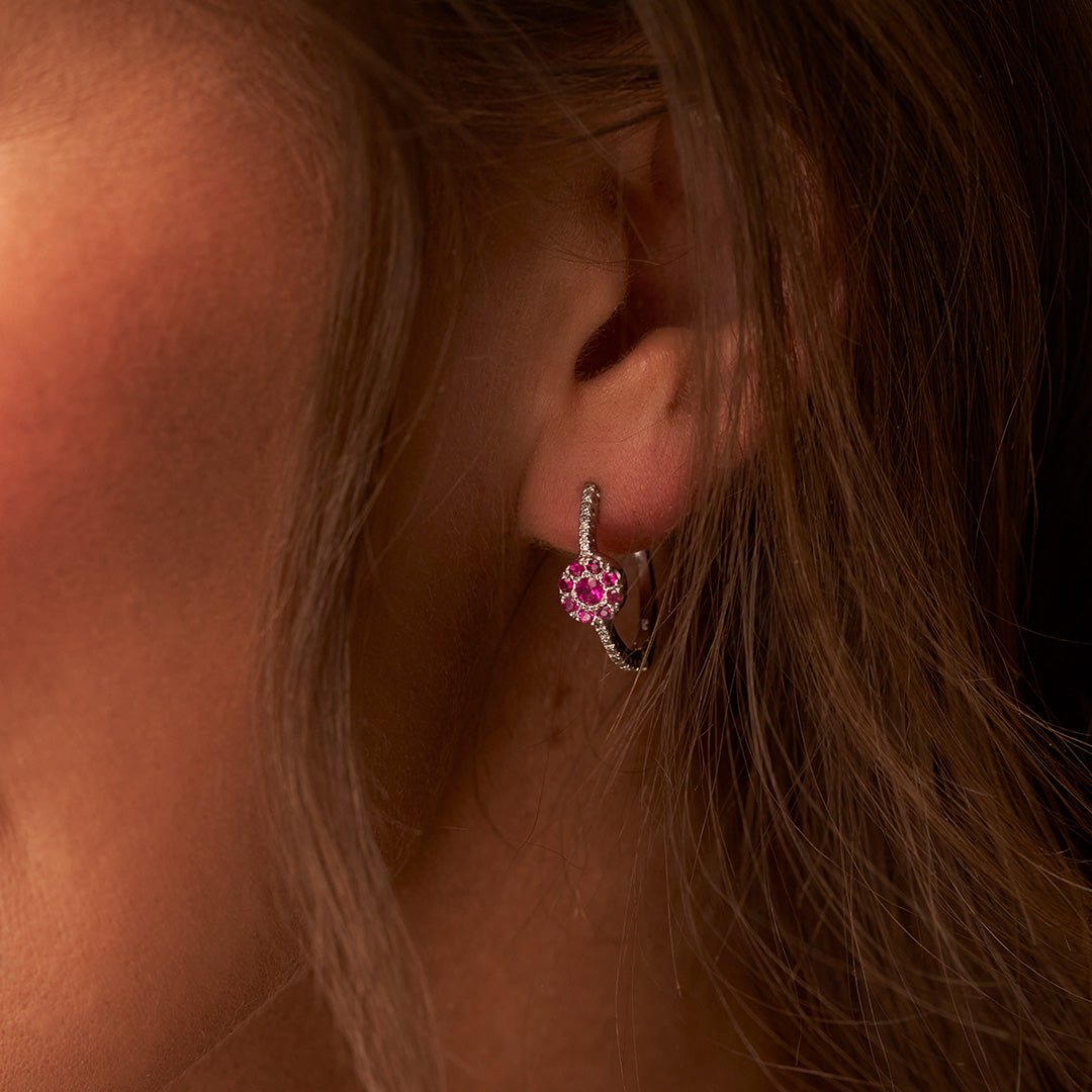 Ruby Center Cluster & Diamond Lined Hoop Earrings - Park City Jewelers