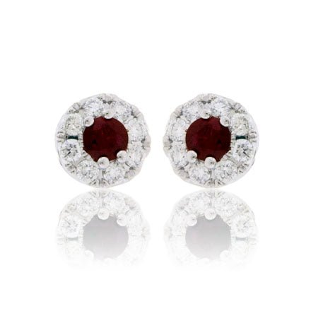 Ruby Center Diamond Halo Stud Post Earrings - Park City Jewelers