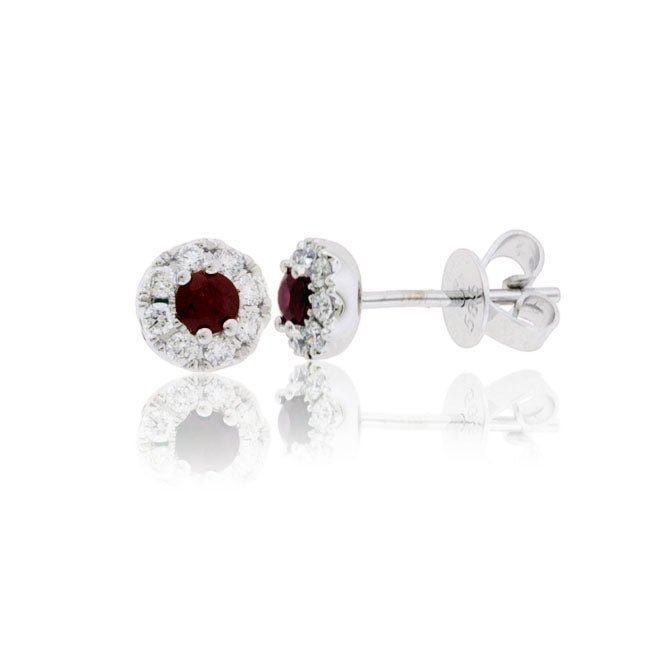 Ruby Center Diamond Halo Stud Post Earrings - Park City Jewelers