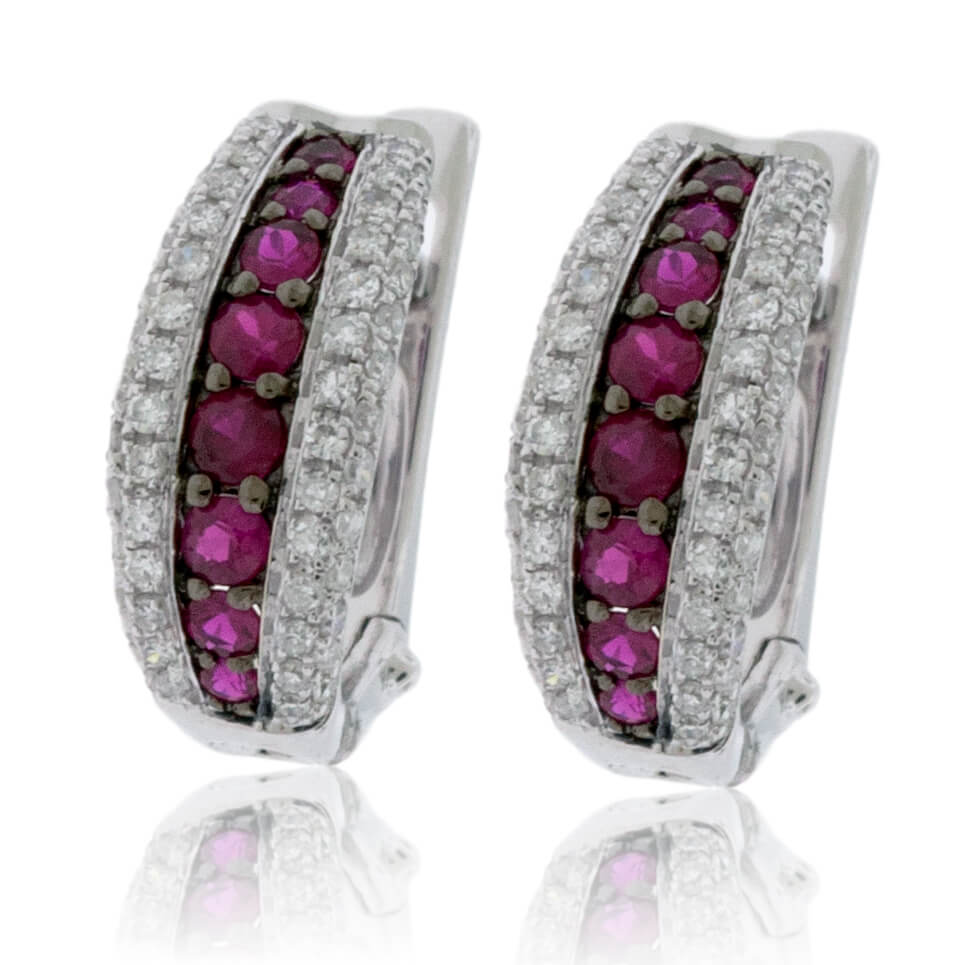 Ruby Center & Diamond Lined Hoop Earrings - Park City Jewelers