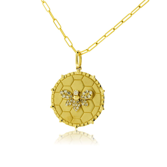 Satin Finish Flush Set Diamond Bee & Honeycomb Disc Pendant - Park City Jewelers