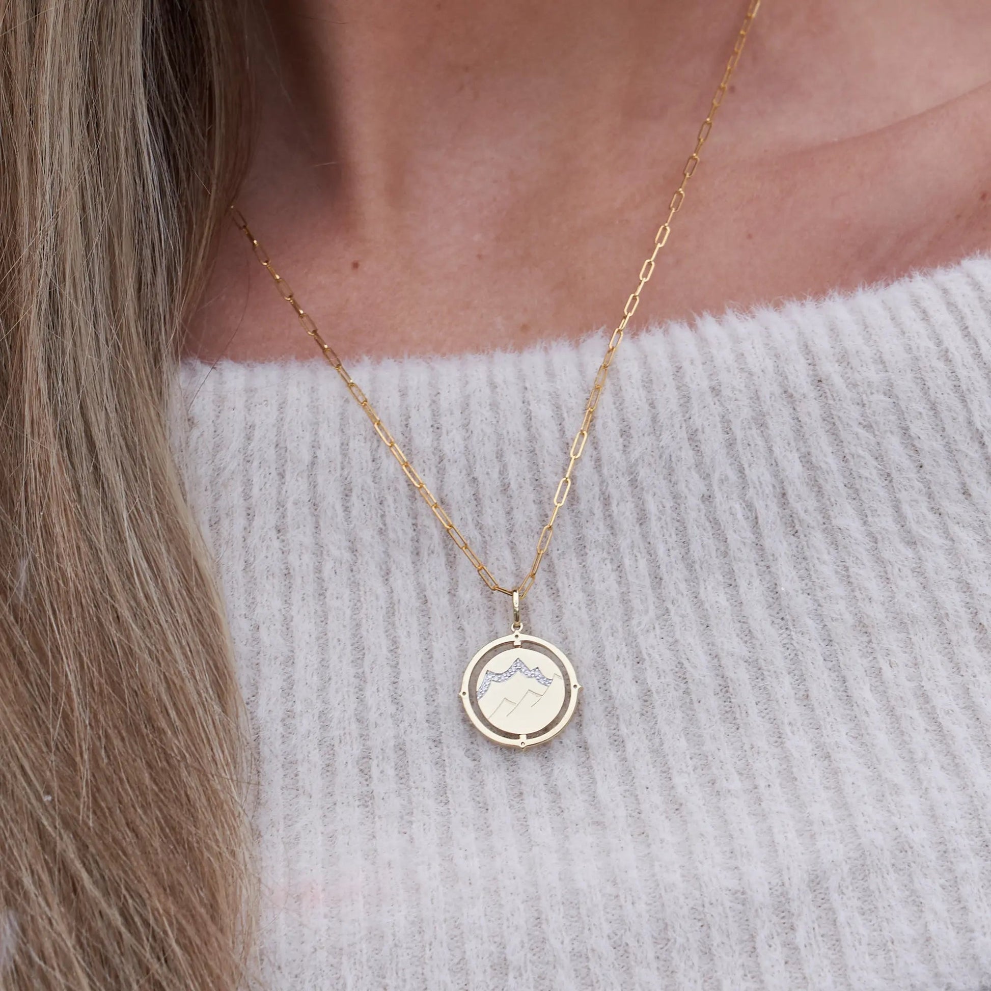 Satin Finish Flush Set Diamond Snowflake and Mountain Reversible Disc Pendant - Park City Jewelers