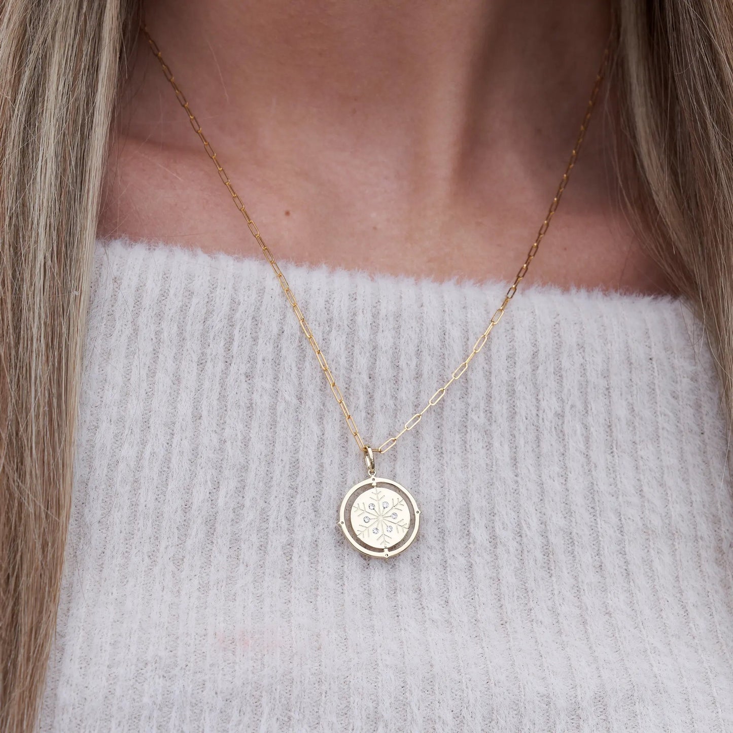 Satin Finish Flush Set Diamond Snowflake and Mountain Reversible Disc Pendant - Park City Jewelers