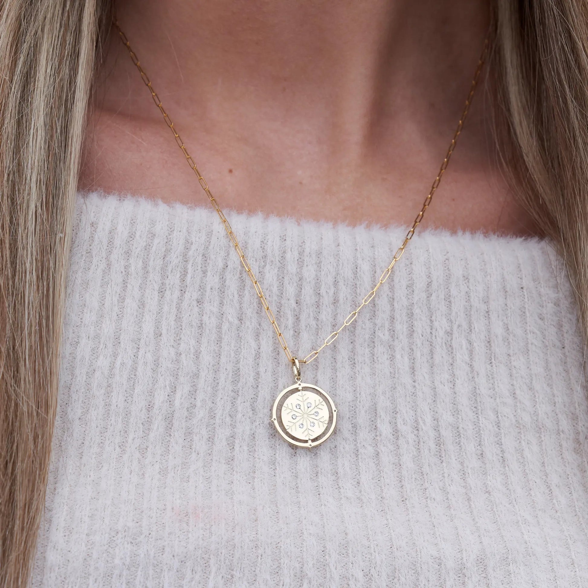 Satin Finish Flush Set Diamond Snowflake and Mountain Reversible Disc Pendant - Park City Jewelers