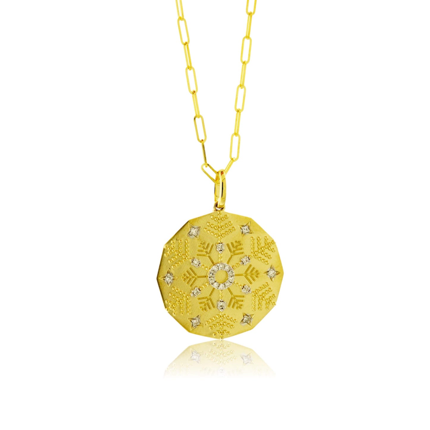 Satin Finish Flush Set Diamond Snowflake Disc Pendant - Park City Jewelers