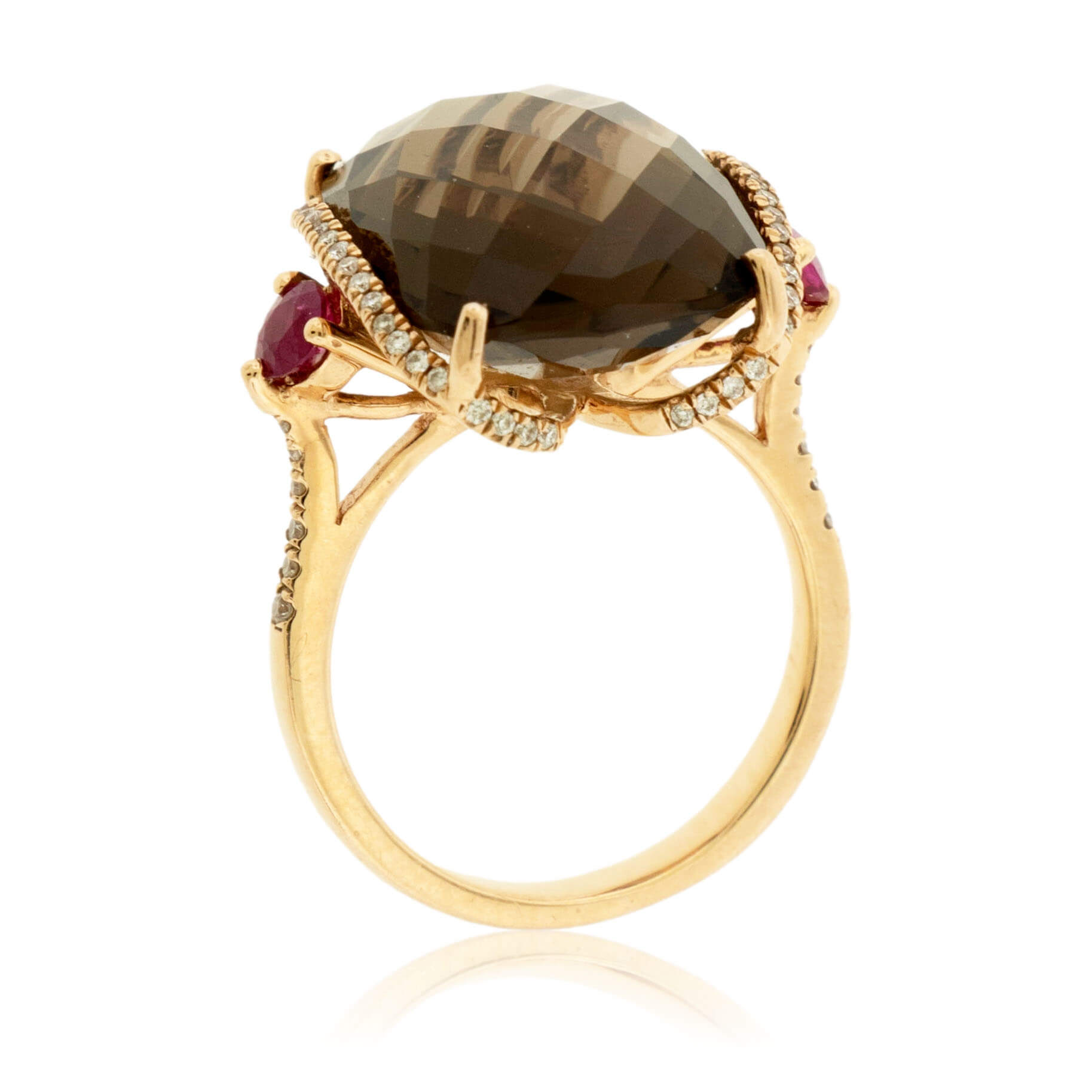 Smoky Topaz Checkerboard Stone with Diamonds & Ruby Accents Ring - Park City Jewelers