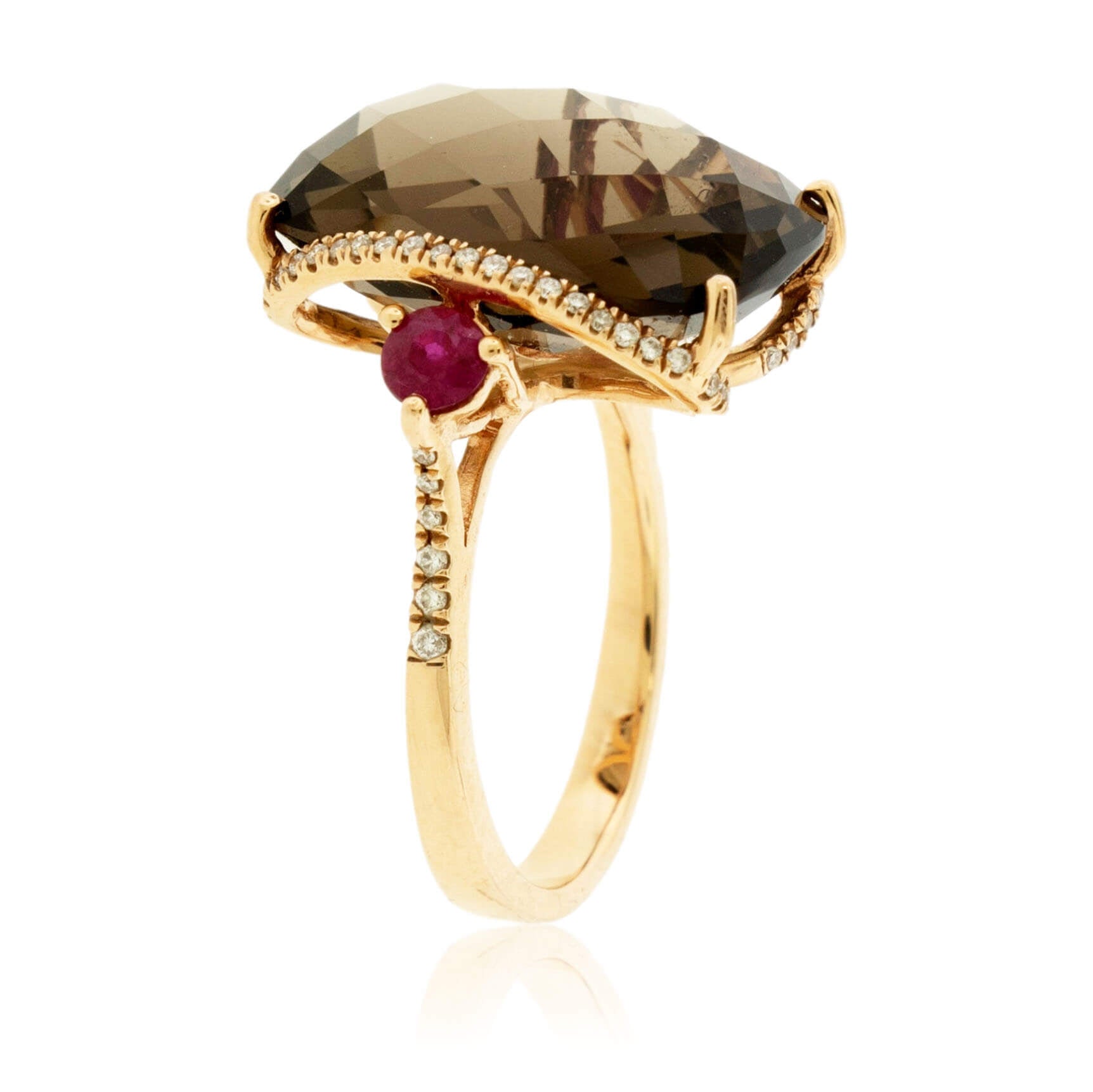 Smoky Topaz Checkerboard Stone with Diamonds & Ruby Accents Ring - Park City Jewelers