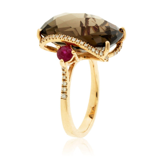 Smoky Topaz Checkerboard Stone with Diamonds & Ruby Accents Ring - Park City Jewelers
