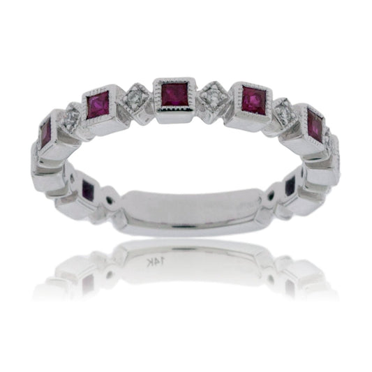 Stackable Princess Ruby and Round Diamond Band - Park City Jewelers