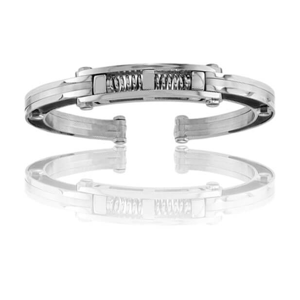 Stainless Steel Brushed and Polished Carbon Fiber Inlay Hinged Bangle - Park City Jewelers