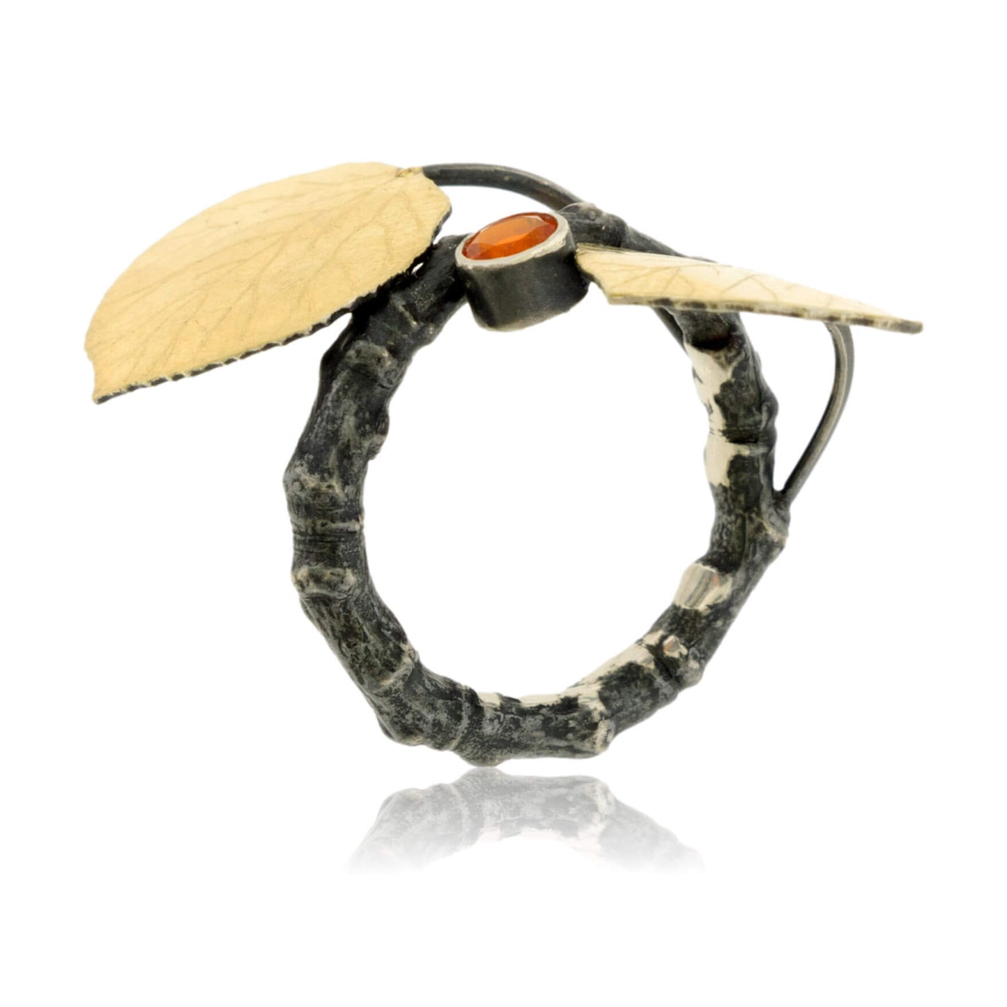 Sterling Silver, Bi-Metal Leaf, & Fire Opal Quaking Aspen Tree Ring - Park City Jewelers