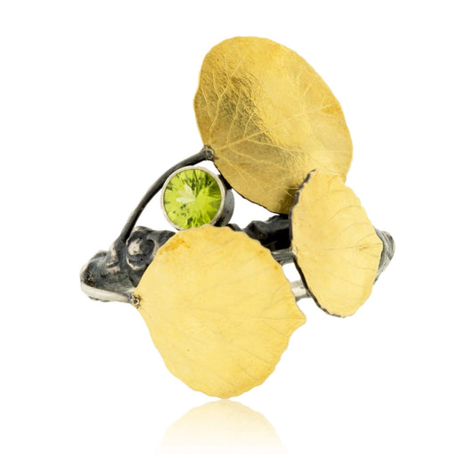 Sterling Silver, Bi-Metal Leaf, & Tourmaline Quaking Aspen Tree Ring - Park City Jewelers