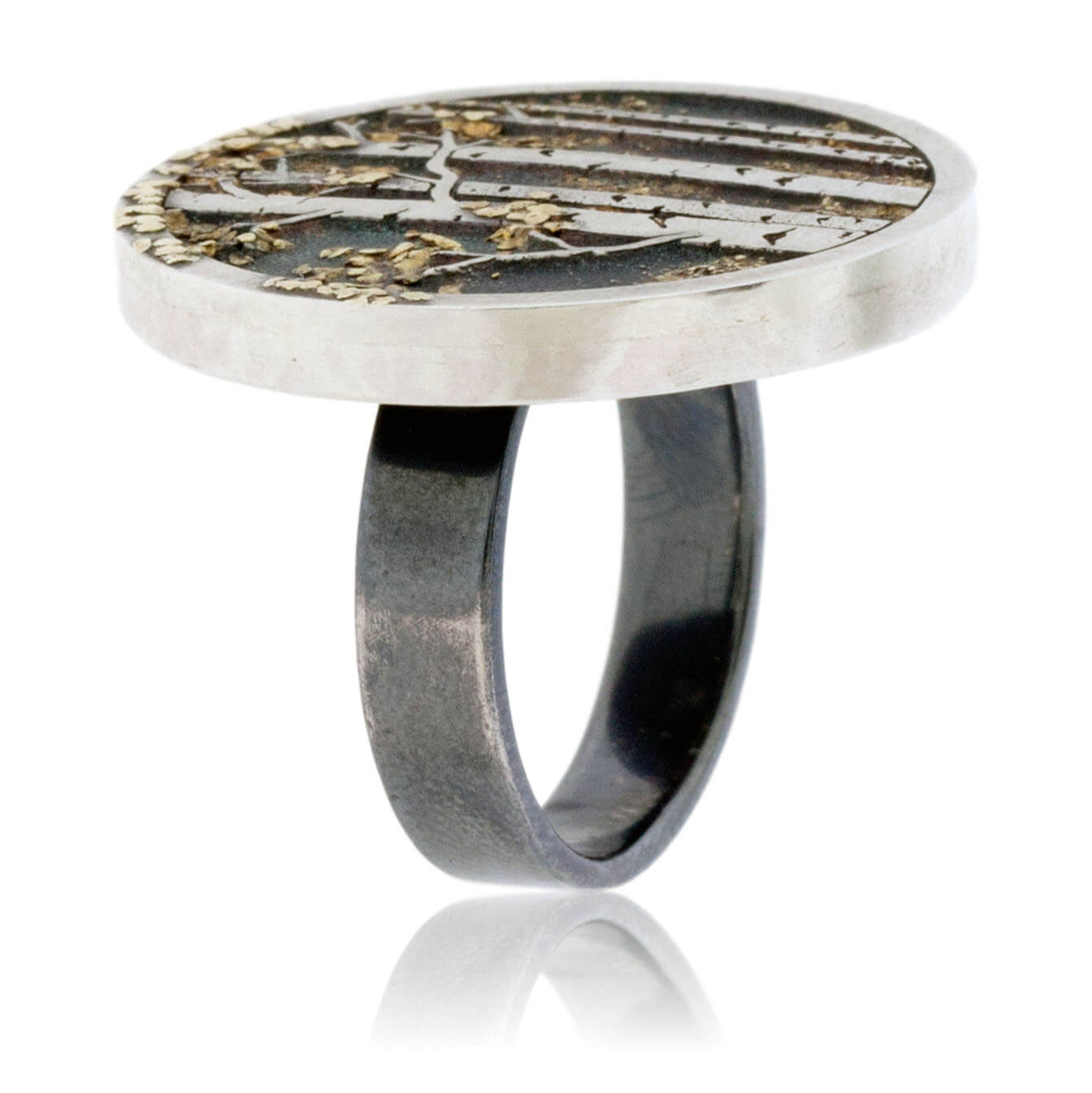 Sterling Silver & Gold Nugget Aspen Tree in Frame Ring - Park City Jewelers