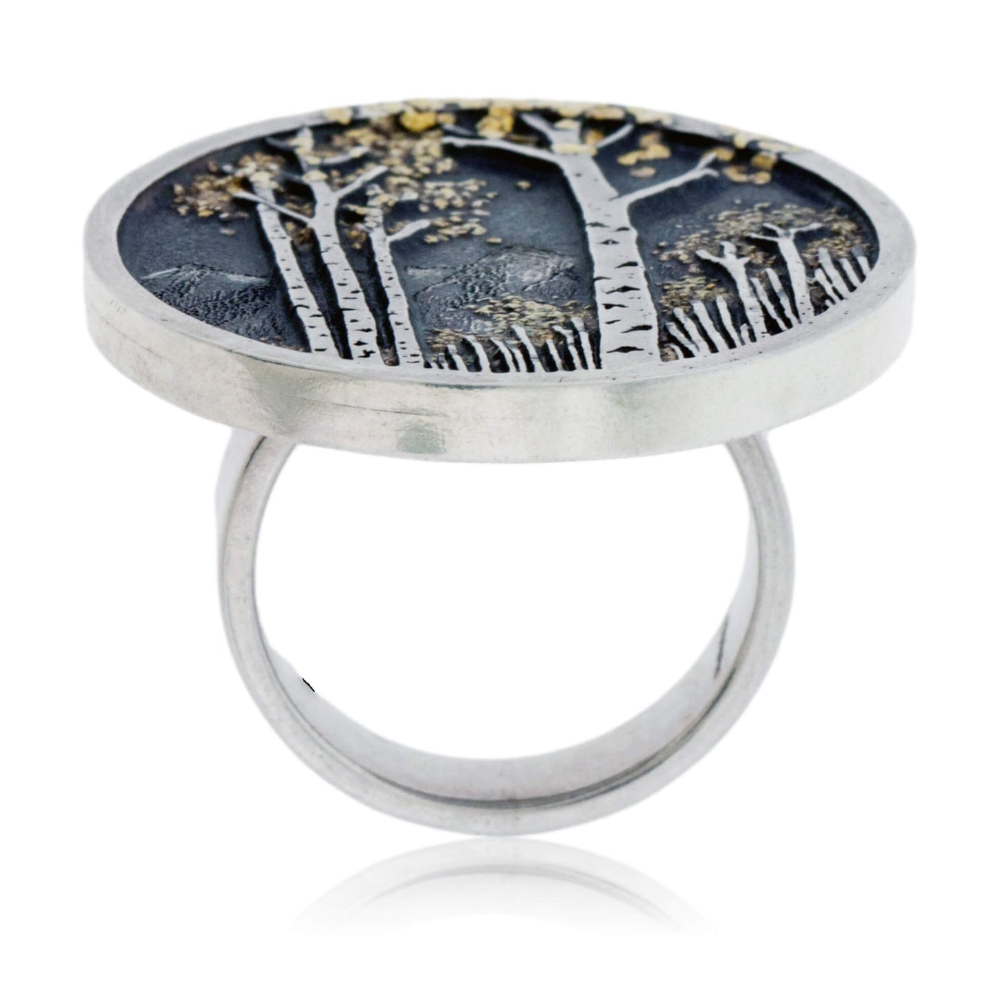 Sterling Silver & Gold Nugget Aspen Tree in Frame Ring - Park City Jewelers