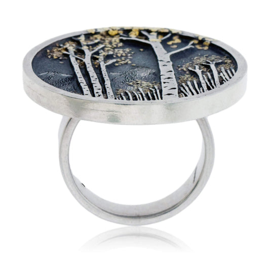 Sterling Silver & Gold Nugget Aspen Tree in Frame Ring - Park City Jewelers