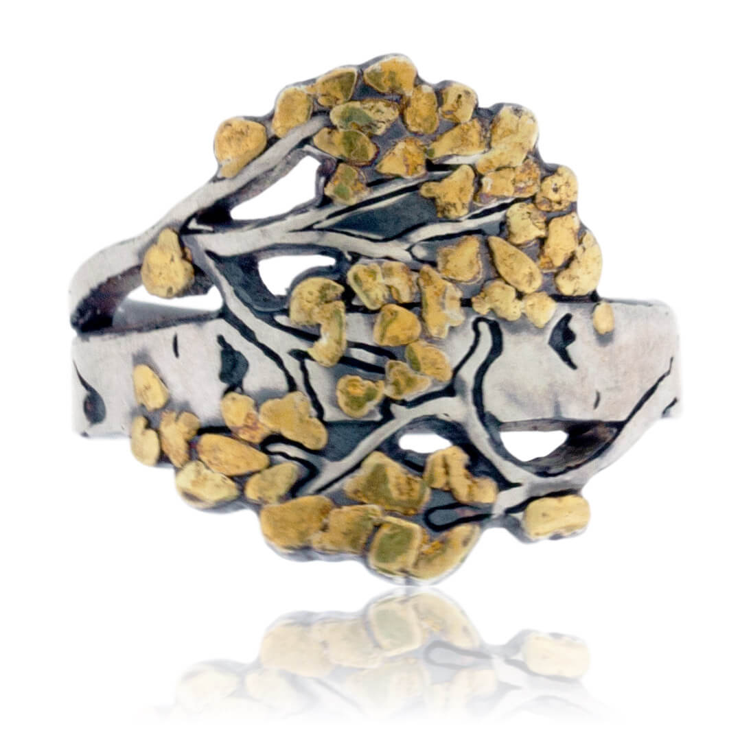 Sterling Silver & Gold Nugget Aspen Tree Ring - Park City Jewelers