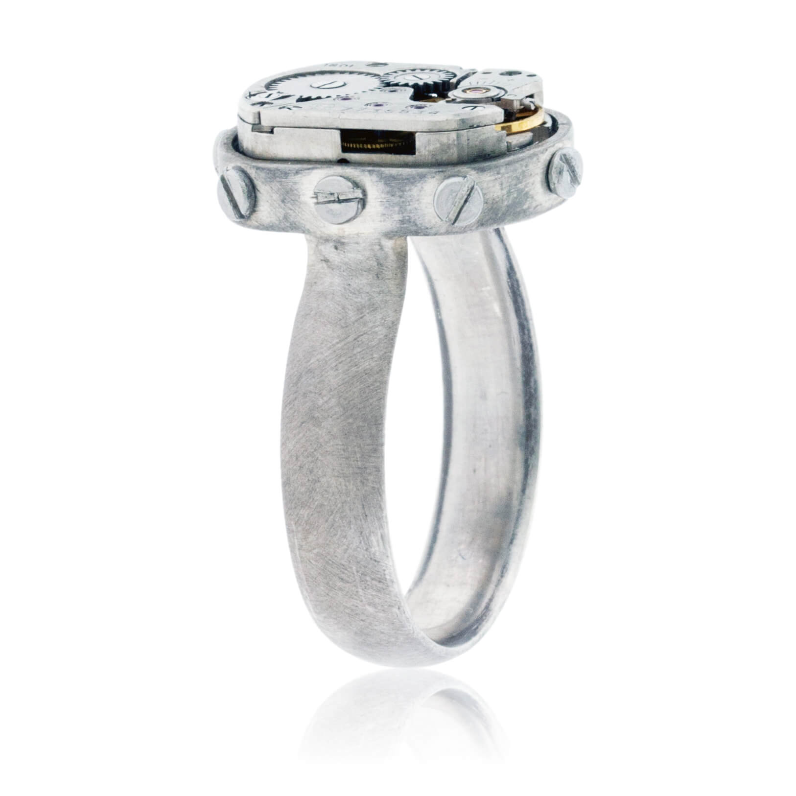 Sterling Silver Steampunk Ring with Watch Movement & Rivots - Park City Jewelers