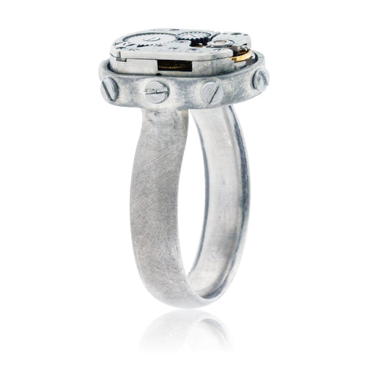 Sterling Silver Steampunk Ring with Watch Movement & Rivots - Park City Jewelers