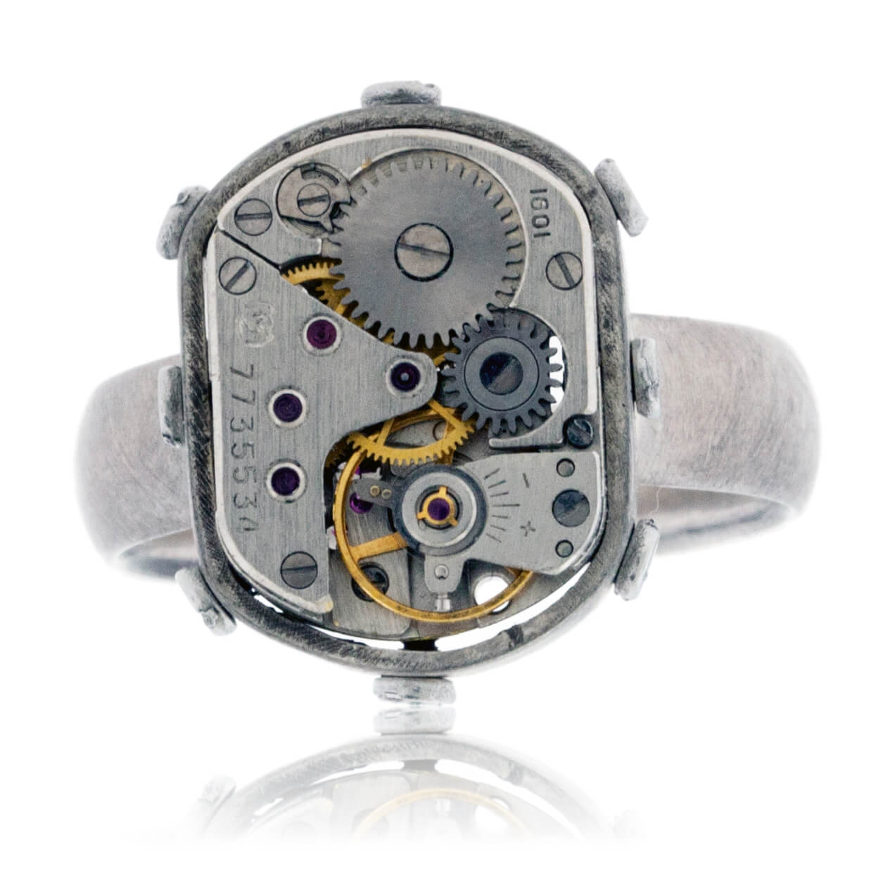 Sterling Silver Steampunk Ring with Watch Movement & Rivots - Park City Jewelers