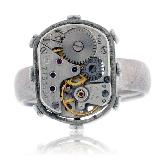Sterling Silver Steampunk Ring with Watch Movement & Rivots - Park City Jewelers