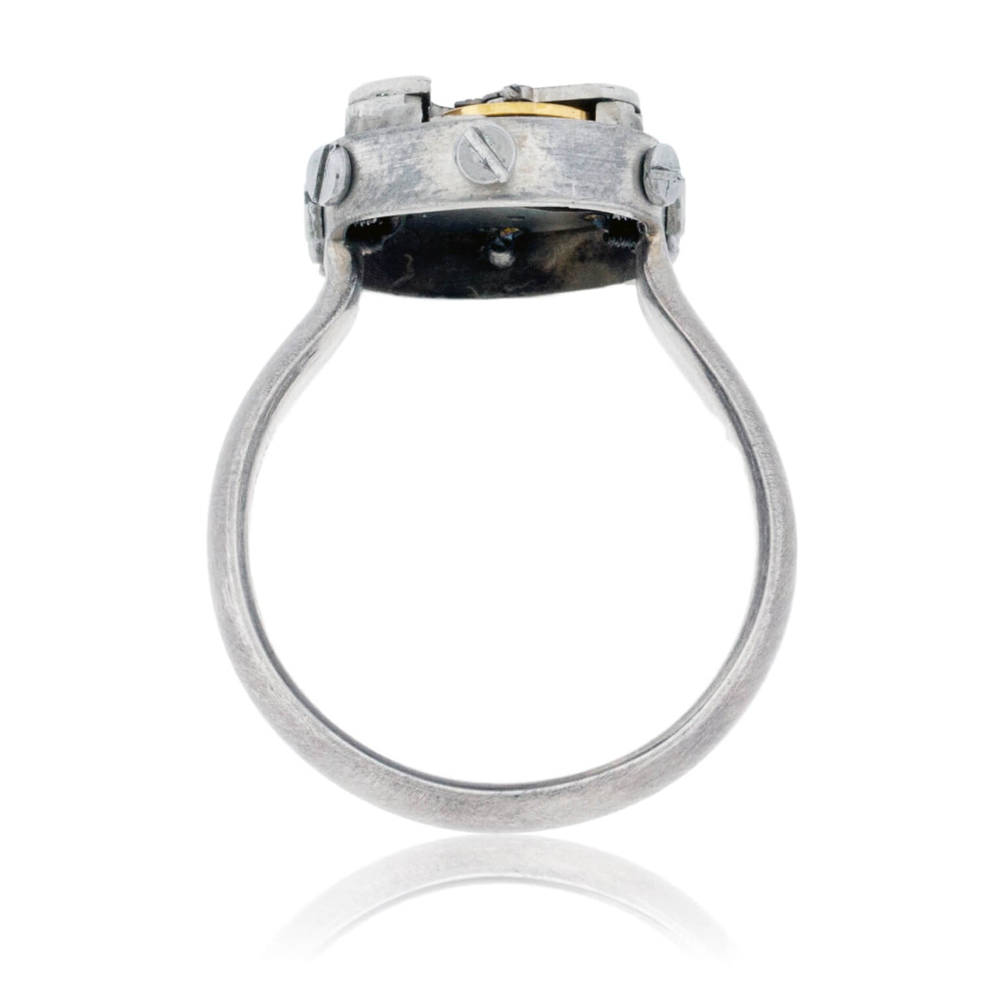 Sterling Silver Steampunk Ring with Watch Movement & Rivots - Park City Jewelers