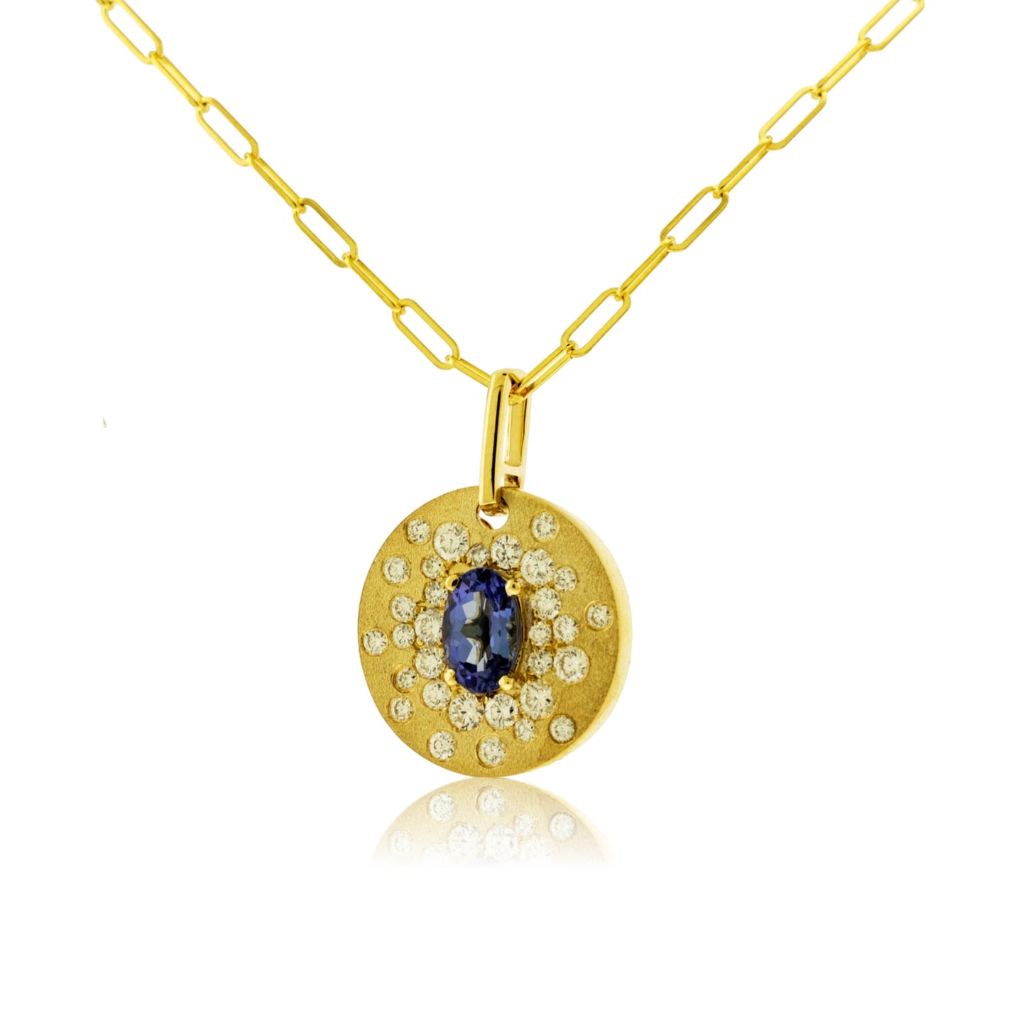 Tanzanite & Diamond Round Disc Flush Set Diamond Pendant w/Chain - Park City Jewelers
