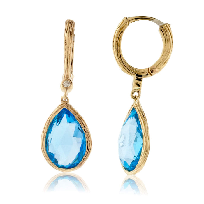 Tear Drop Blue Topaz with Textured Halo Dangle Earrings - Park City Jewelers