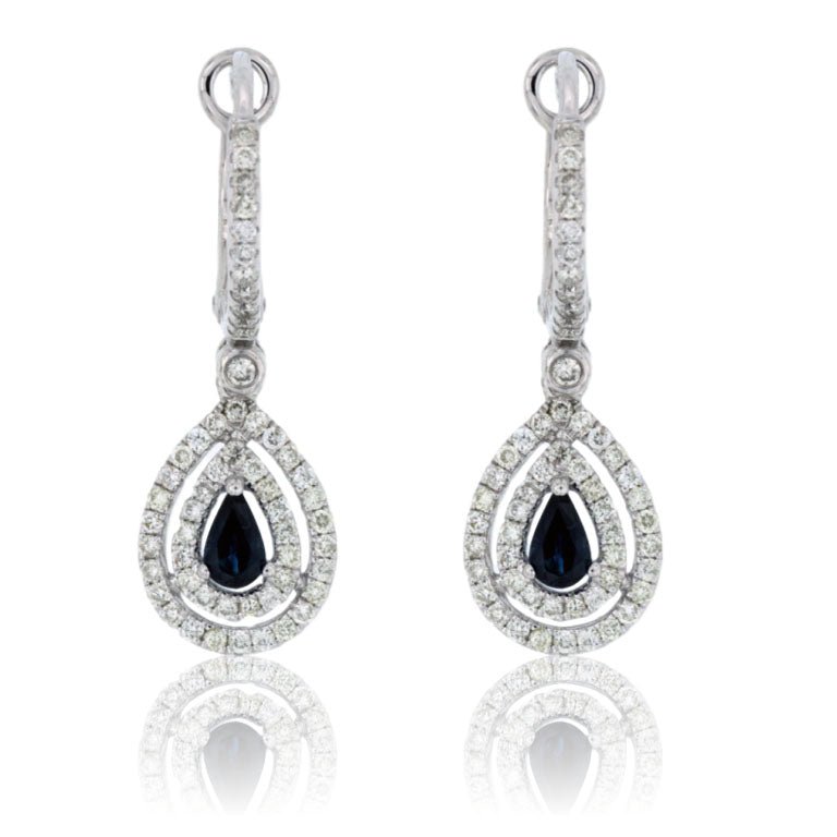 Tear Drop Sapphire Double Diamond Halo Dangle Earrings - Park City Jewelers