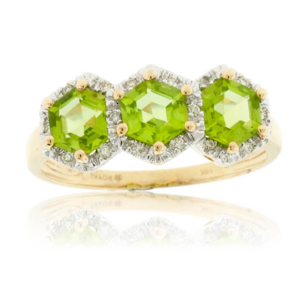 Three Stone Peridot and Diamond Halo Ring - Park City Jewelers