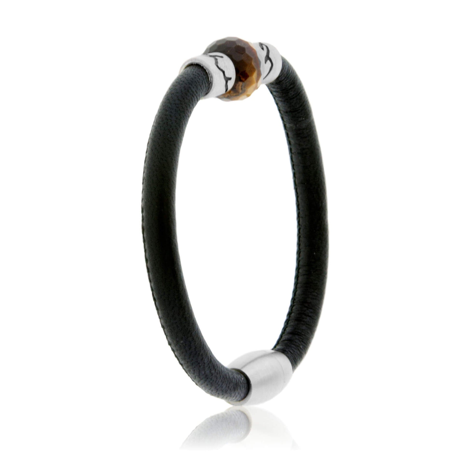 Tigers Eye & Mountain Bead on Woven Leather Sterling Silver Bracelet - Park City Jewelers