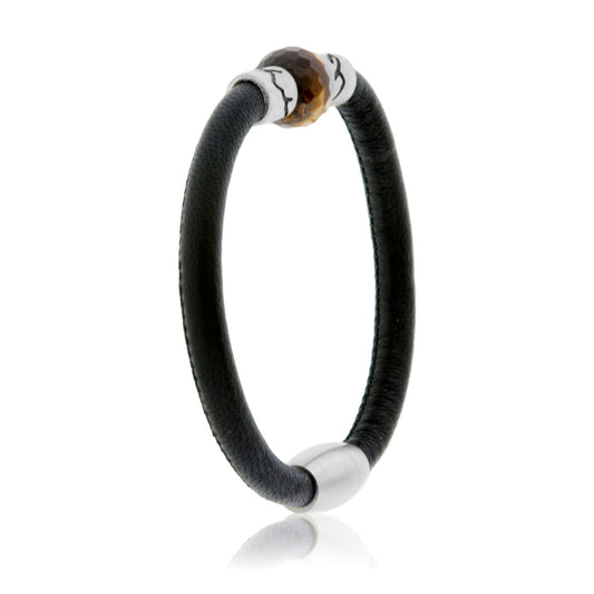 Tigers Eye & Mountain Bead on Woven Leather Sterling Silver Bracelet - Park City Jewelers