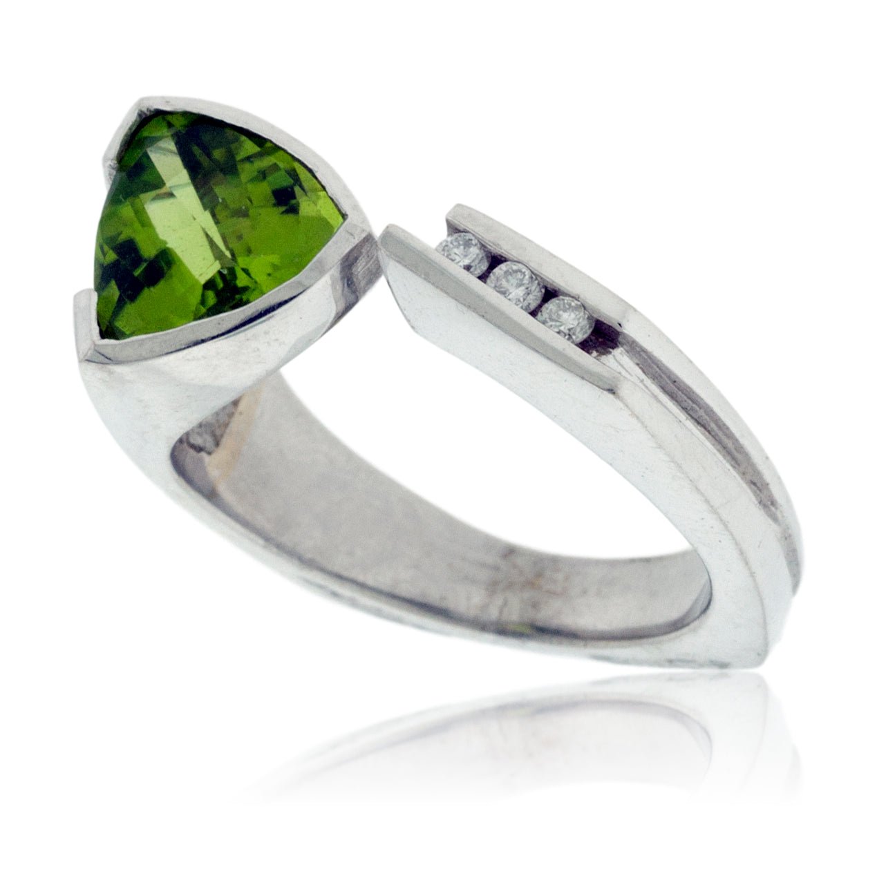 Trillion Cut Peridot and Three Diamond Accented Ring - Park City Jewelers