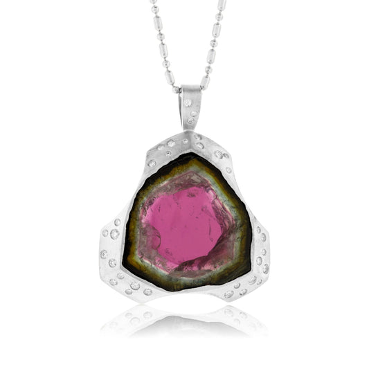 Watermelon Tourmaline Slice and Flush Set Diamond Accented Pendant - Park City Jewelers