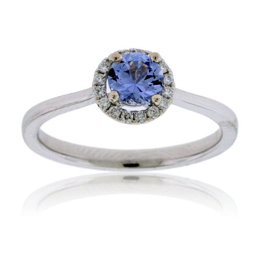 White Gold Round Sapphire Center with Diamond Halo Ring - Park City Jewelers