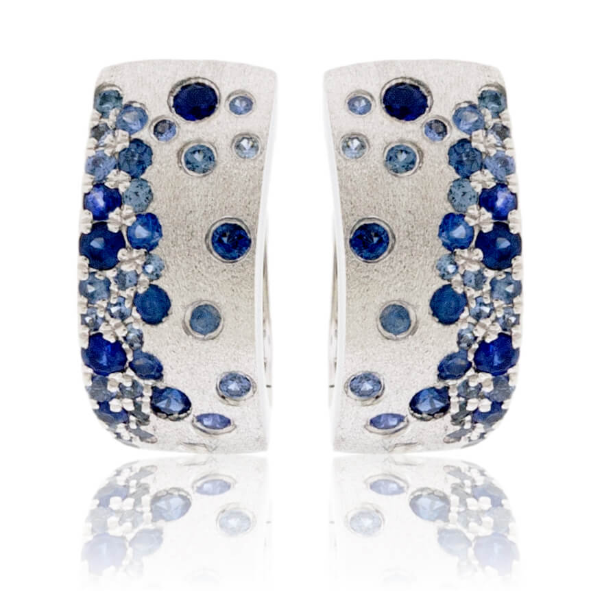 White Gold Satin Finish Flush Set Blue Sapphire Earrings - Park City Jewelers