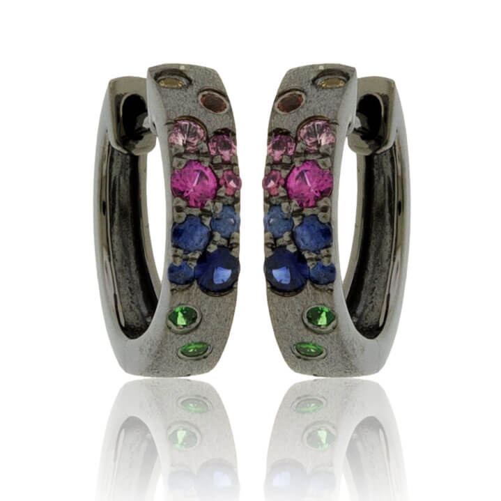 Yellow Gold Black Finish Flush Set Rainbow Sapphire Earrings - Park City Jewelers