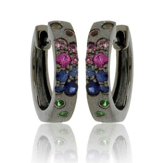 Yellow Gold Black Finish Flush Set Rainbow Sapphire Earrings - Park City Jewelers