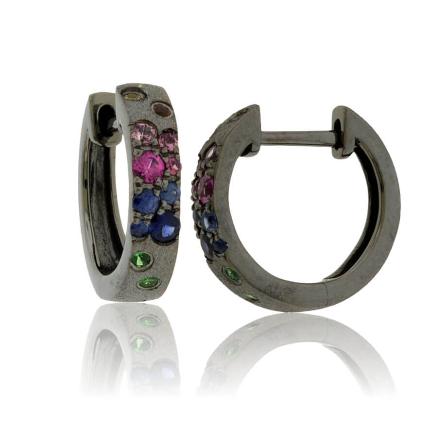 Yellow Gold Black Finish Flush Set Rainbow Sapphire Earrings - Park City Jewelers