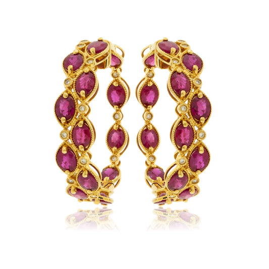 Yellow Gold Polish Finish Ruby Two Row Hoop Earrings - Park City Jewelers