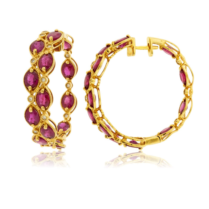 Yellow Gold Polish Finish Ruby Two Row Hoop Earrings - Park City Jewelers