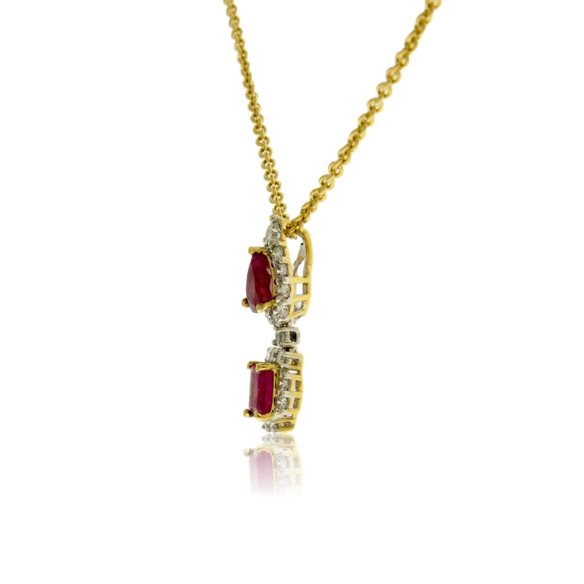 Yellow Gold Red Emerald & Diamond Halo Drop Pendant - Park City Jewelers