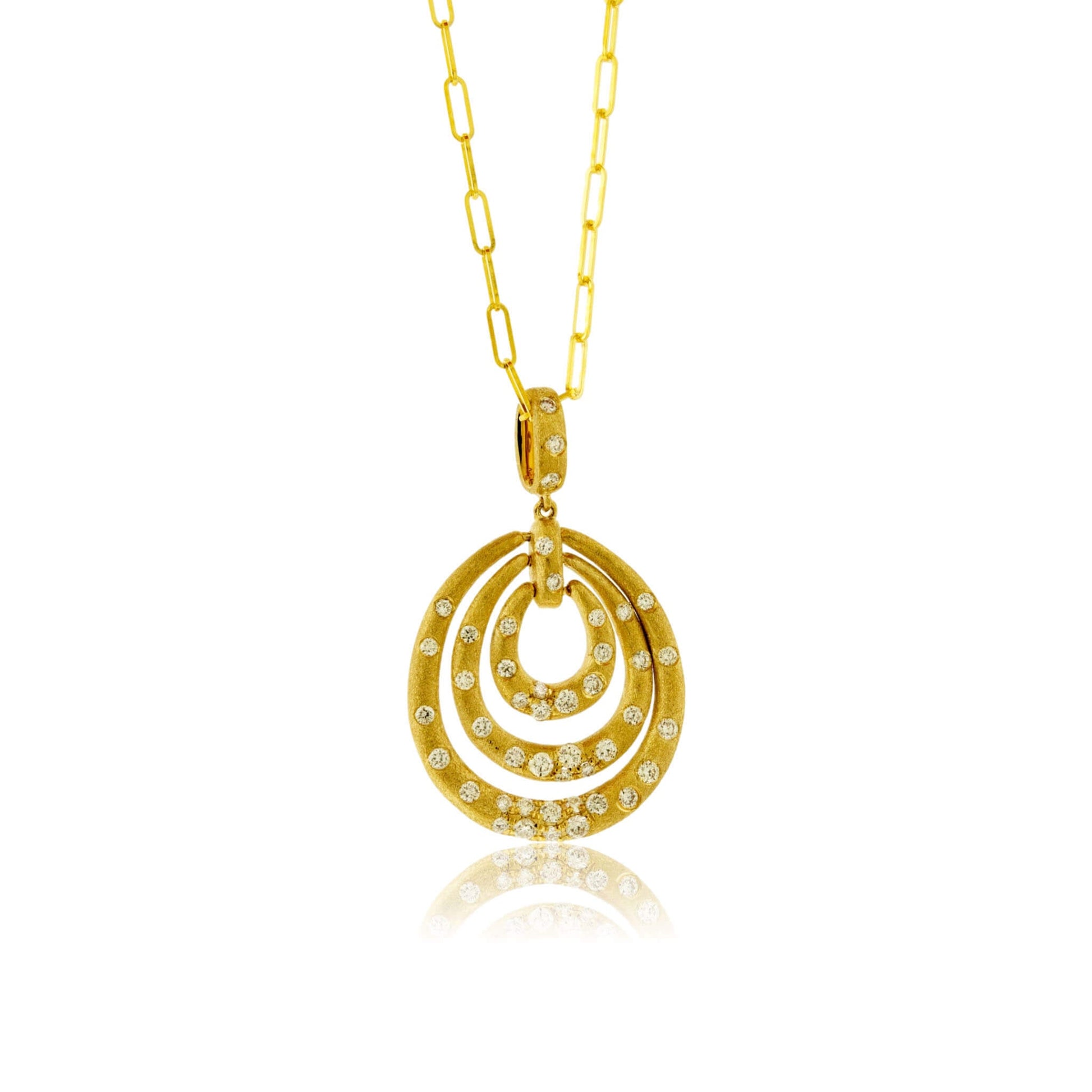 Yellow Gold Satin Finish Flush Set Concentric Oval with Paperclip Chain - Park City Jewelers
