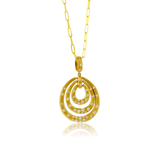 Yellow Gold Satin Finish Flush Set Concentric Oval with Paperclip Chain - Park City Jewelers