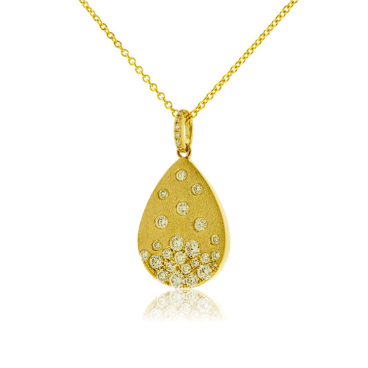 Yellow Gold Satin Finish Flush Set Diamond Tear Drop Necklace - Park City Jewelers
