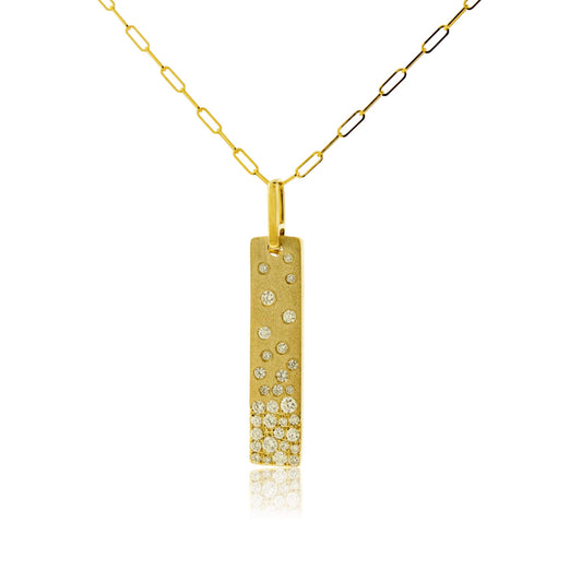 Yellow Gold Satin Finish Flush Set Diamond Vertical Bar Necklace - Park City Jewelers